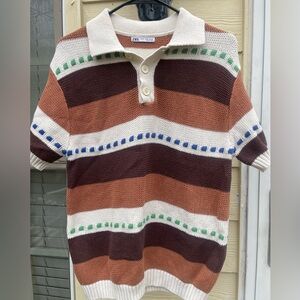 Men’s Zara Striped Knit Crochet Polo Shirt Sweater Sz M